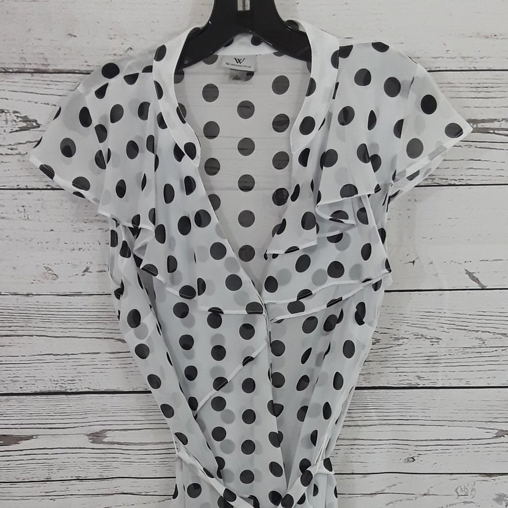 White w/Black Polka Dot Sheer Ruffled Top Blouse L - Picture 1 of 4